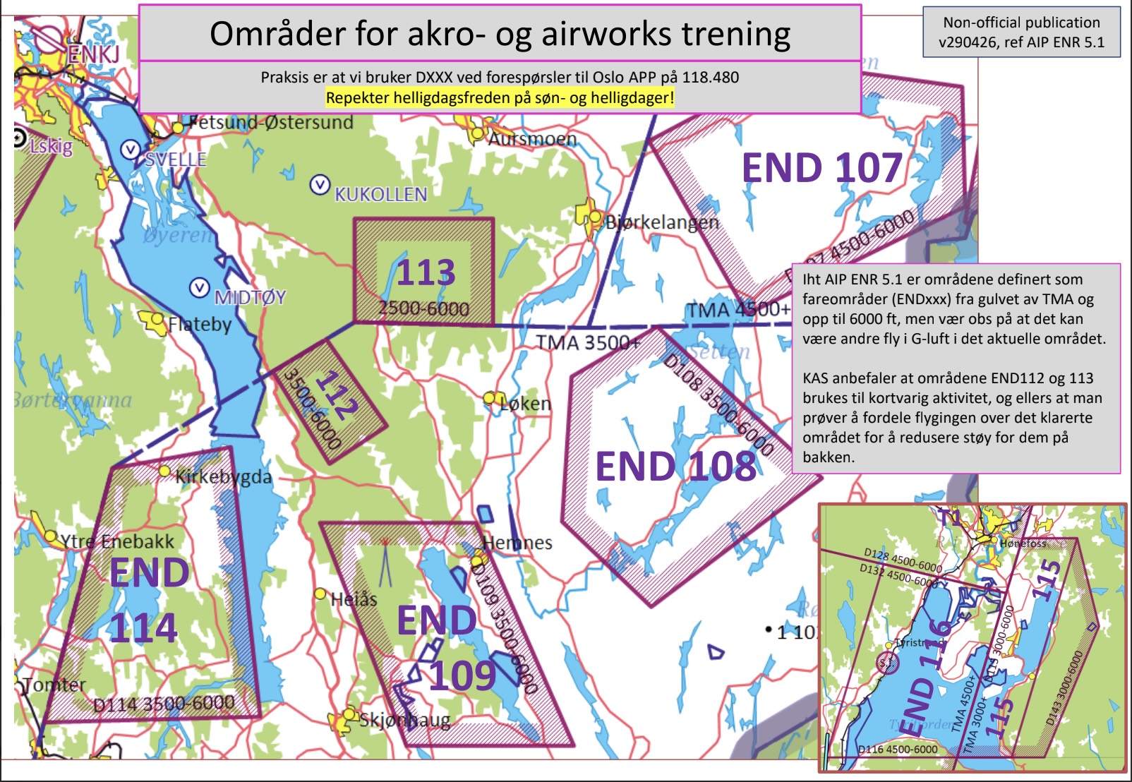 Oversiktskart over treningsområdene rundt Kjeller, med områdenumre og inntegnede grenser.