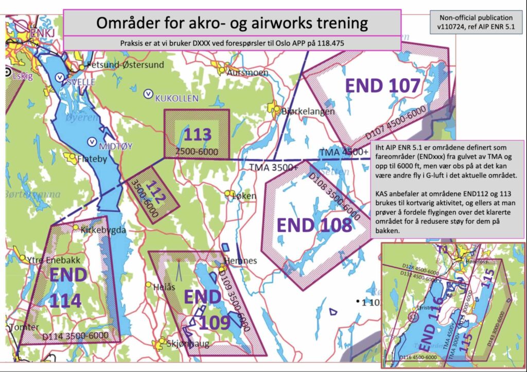 Oversiktskart over treningsområdene rundt Kjeller, med områdenumre og inntegnede grenser.